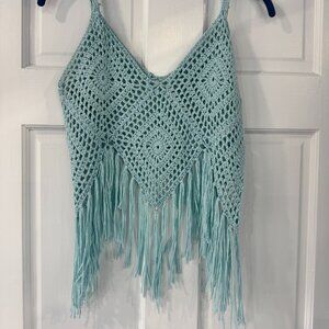 Boho Crochet Fringe Tank | Aqua Blue | Festival Beach Cover Up | Size S